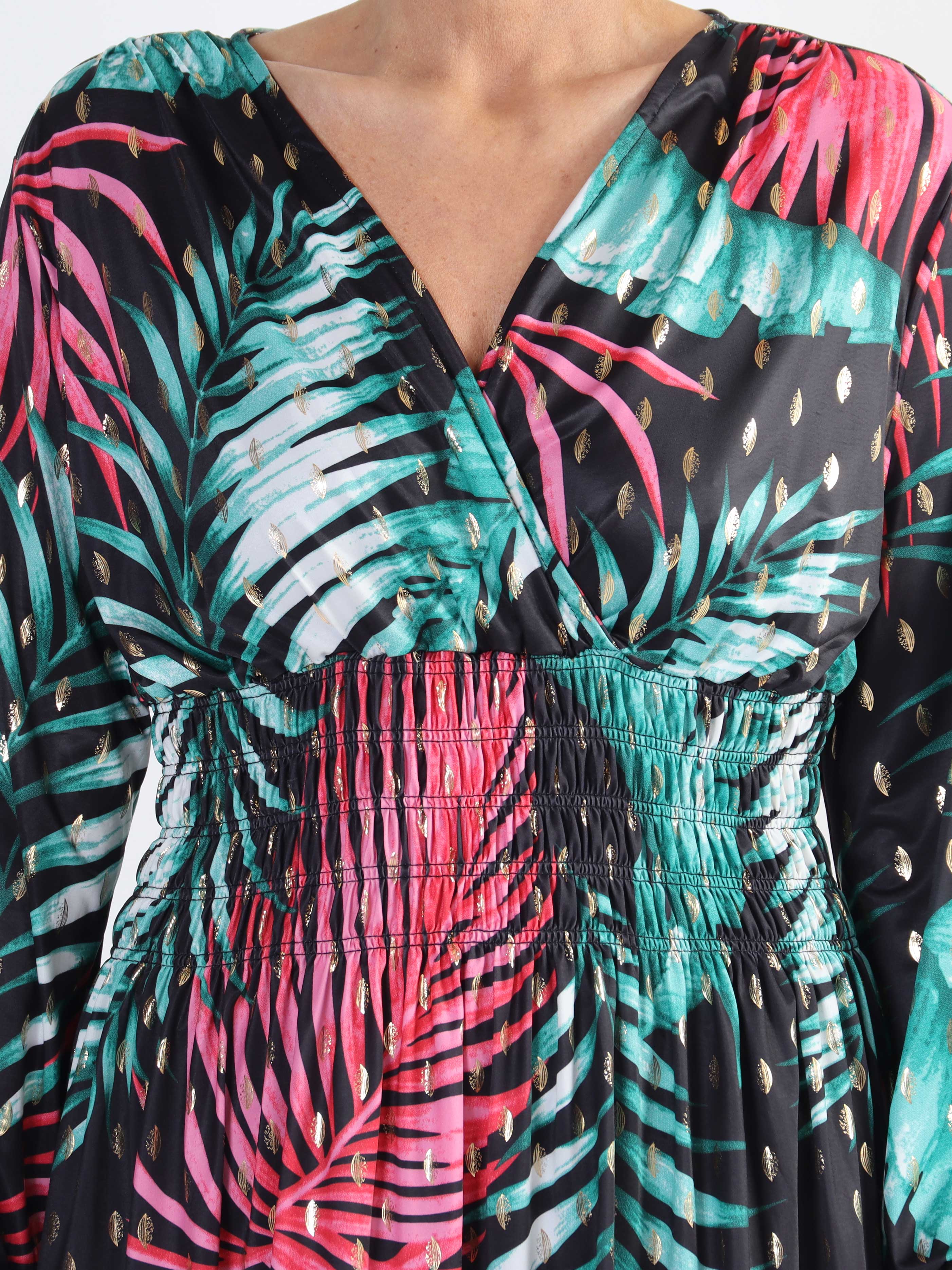 Pams Leaf Short L/S - Elastisk mönstrad klänning i skrynkelfritt tyg för stora storlekar